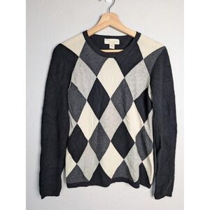 Mainbocher Sweater Womens Medium Gray Cashmere Argyle Crewneck Pullover Knit 356